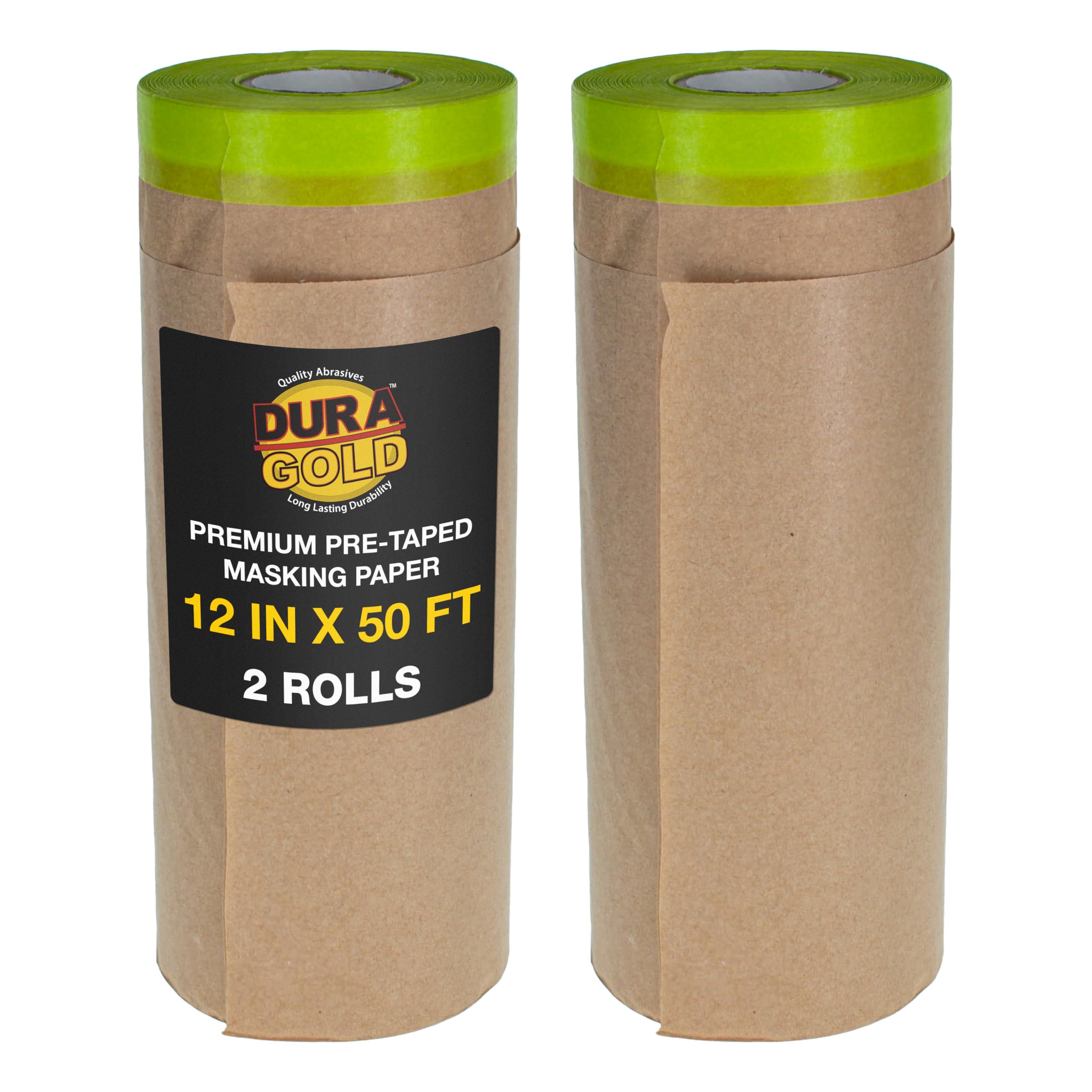 Dura-Gold Pre-Taped Masking Paper for Painting (12" x 50', 2 Rolls) - Tape and Drape Painters Paper, Protective Covering, Overspray Barrier for Home Renovation Projects, Walls Doors, Furniture, Cars